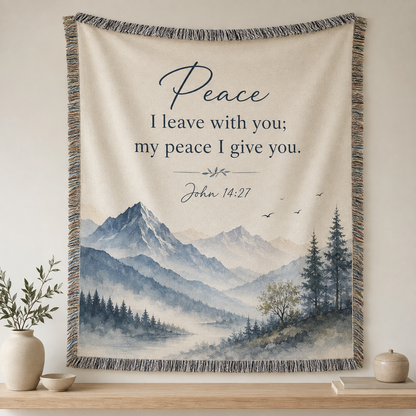 John 14:27 Peace I Leave With You Christian woven blanket with blue mountain landscape