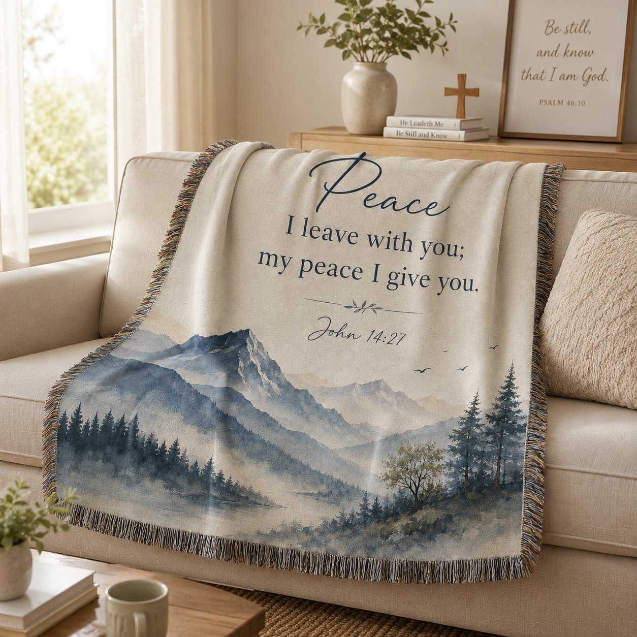 John 14:27 Christian woven blanket softly draped over a neutral sofa