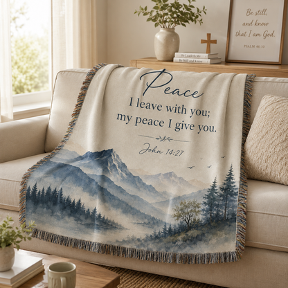 John 14:27 Christian woven blanket softly draped over a neutral sofa
