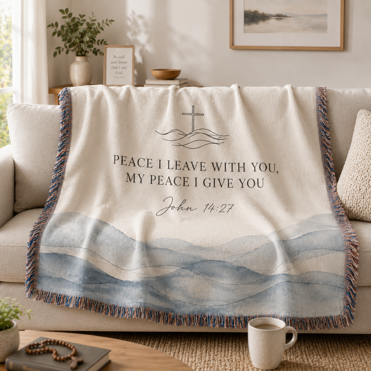 John 14:27 Christian woven blanket softly draped over a neutral sofa