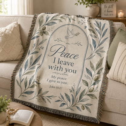 John 14:27 Peace I Leave With You woven blanket softly draped over a neutral sofa