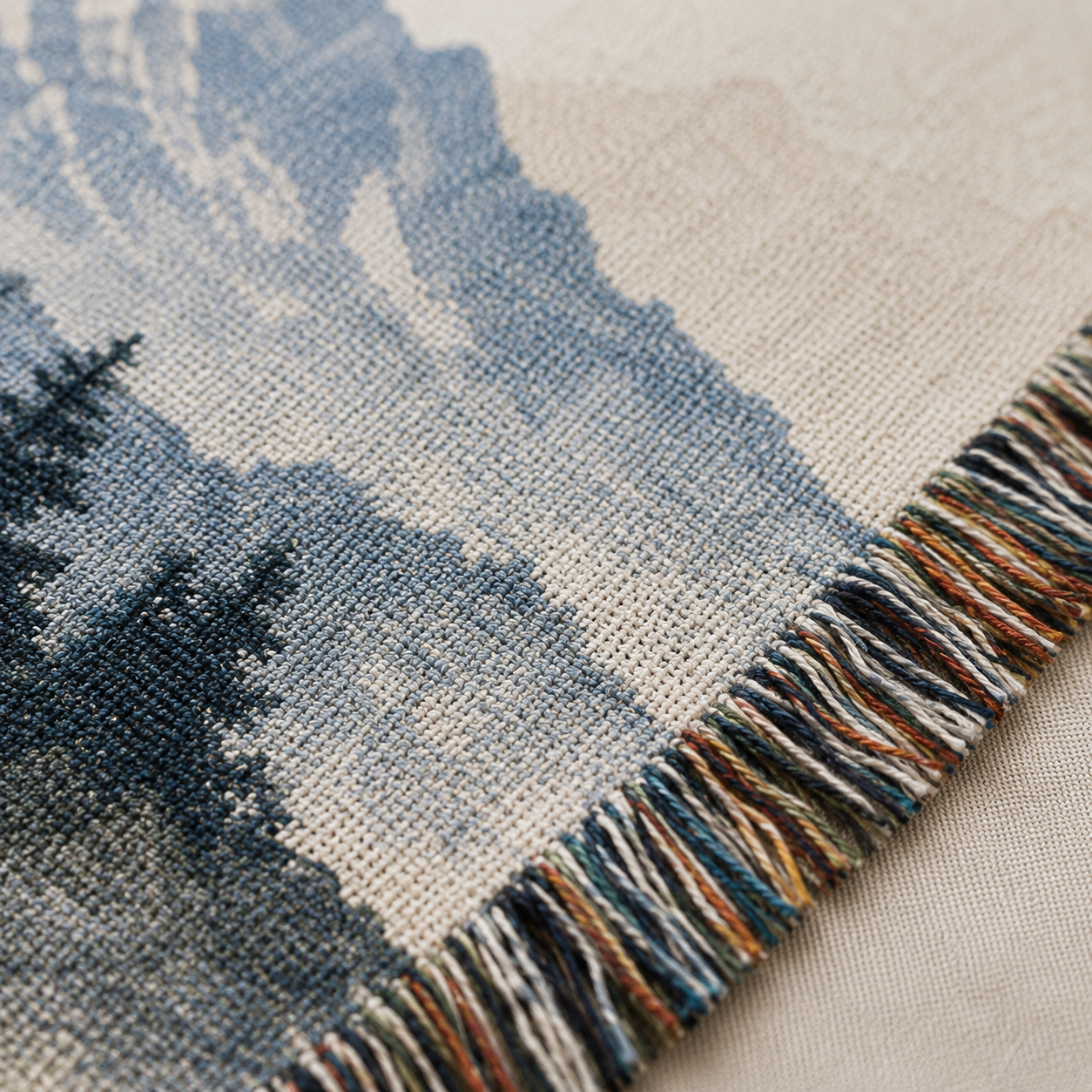 Macro close-up of woven yarn texture and multicolor fringe on Christian mountain blanket