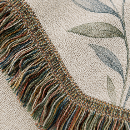 Macro close up of woven yarn texture and multicolor fringe on John 14:27 botanical blanket