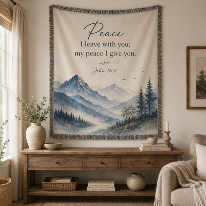 John 14:27 Peace Christian woven blanket displayed as faith-inspired wall decor