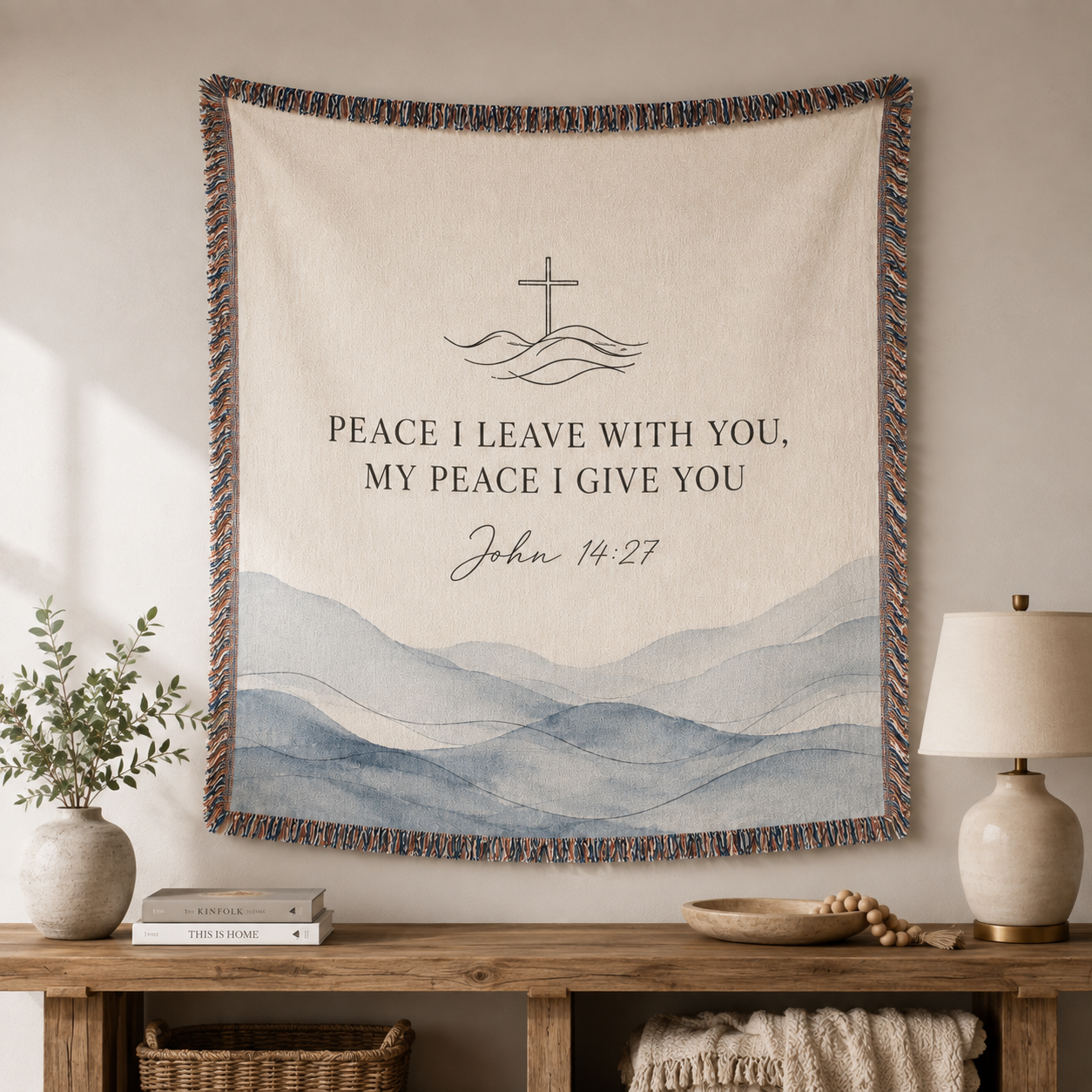 John 14:27 Christian woven blanket displayed as peaceful wall decor