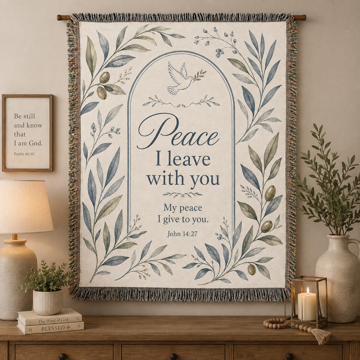 John 14:27 Peace I Leave With You woven blanket displayed as Christian wall decor