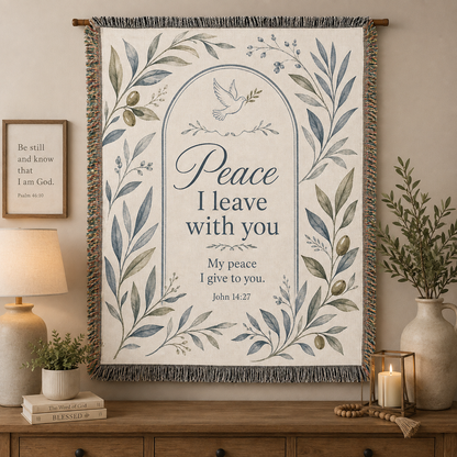 John 14:27 Peace I Leave With You woven blanket displayed as Christian wall decor