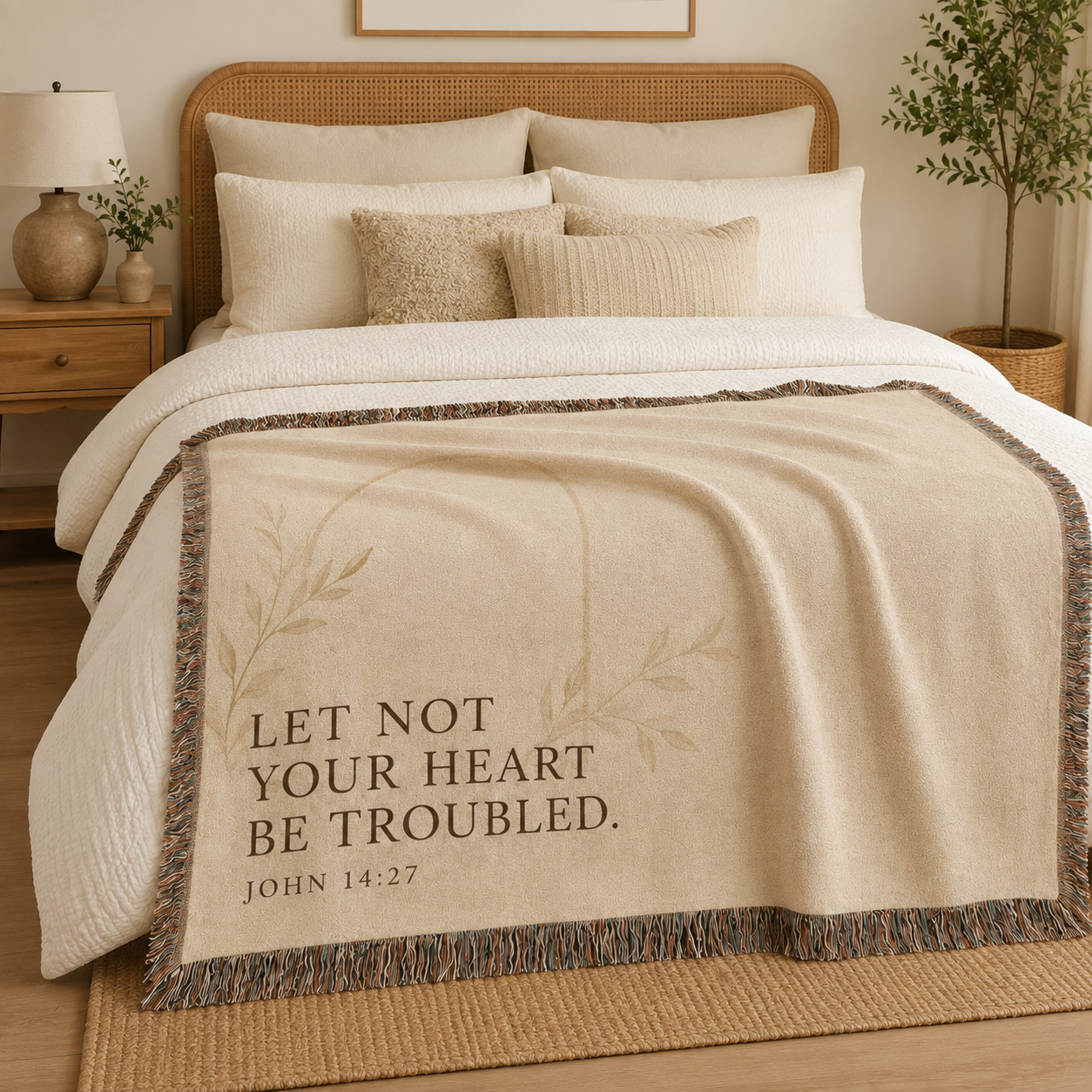 Let Not Your Heart Be Troubled John 14:27 woven blanket styled across a warm neutral bedroom