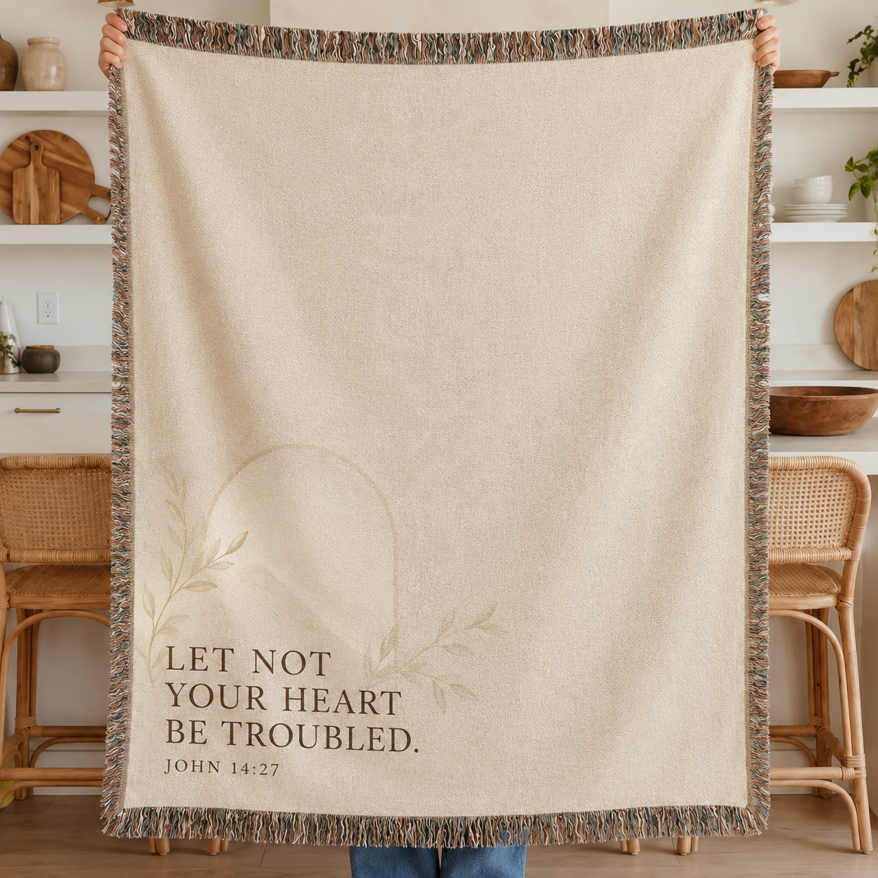 John 14:27 Let Not Your Heart Be Troubled Christian woven blanket with neutral cream design and multicolor fringe