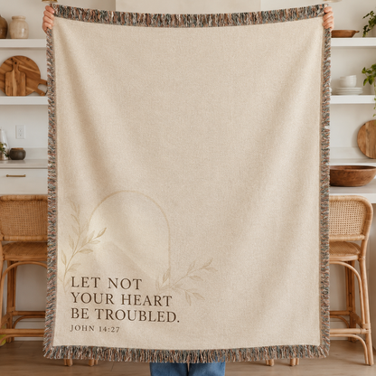 John 14:27 Let Not Your Heart Be Troubled Christian woven blanket with neutral cream design and multicolor fringe