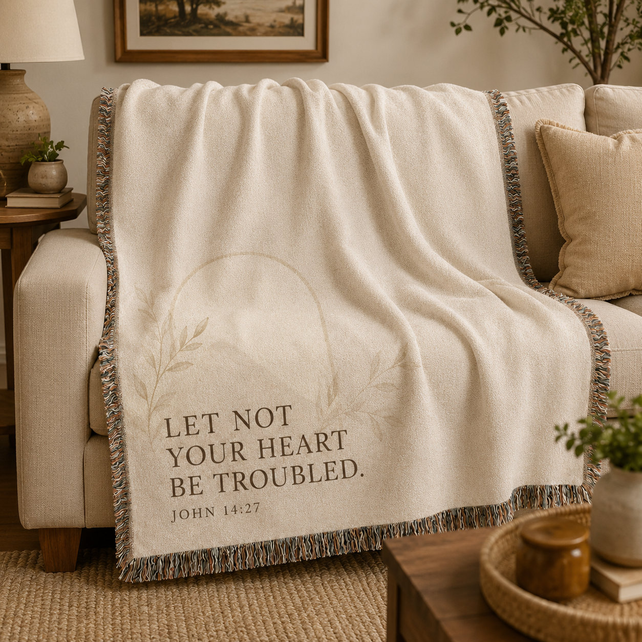 John 14:27 Christian woven blanket softly draped over a neutral sofa with natural folds and fringe