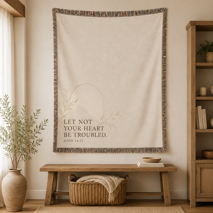 John 14:27 Christian woven blanket displayed as neutral wall tapestry home decor