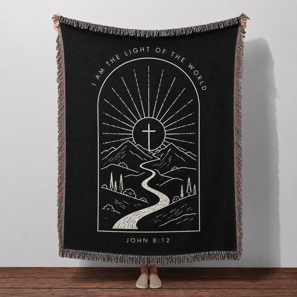 John 8:12 I Am the Light of the World Christian woven blanket with cross, mountains and fringe