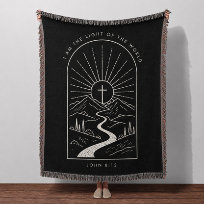 John 8:12 I Am the Light of the World Christian woven blanket with cross, mountains and fringe