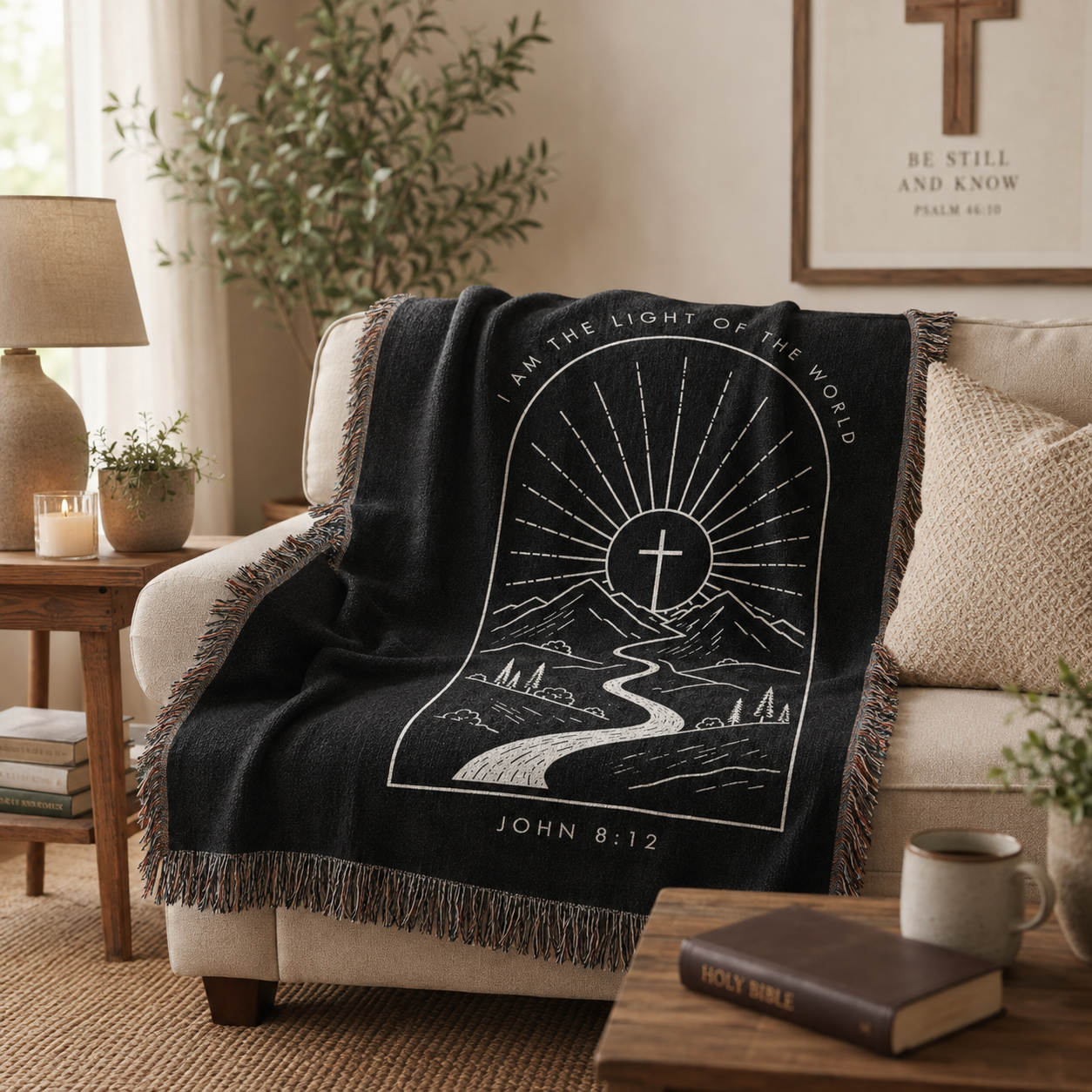 John 8:12 Christian woven blanket draped softly over a neutral sofa