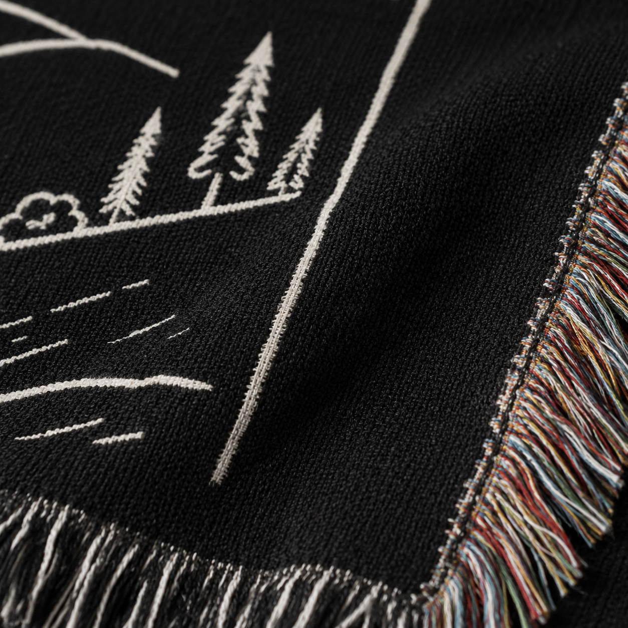 Macro close up of woven yarn texture and multicolor fringe on John 8:12 blanket