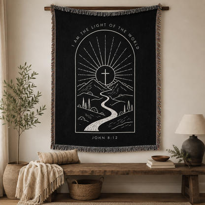 John 8:12 Christian woven blanket displayed as faith inspired wall tapestry decor