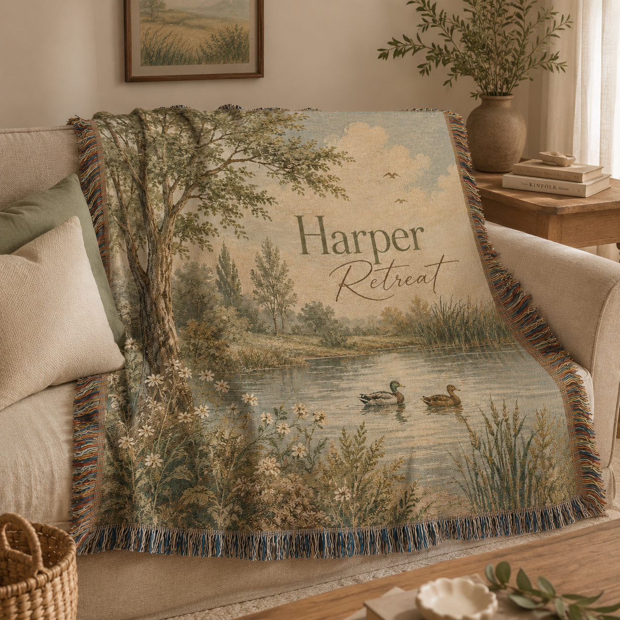 Personalized lakeside retreat woven blanket styled on a neutral sofa