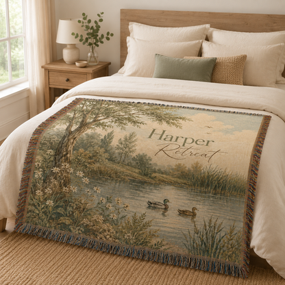 Personalized lakeside retreat woven blanket styled across a cozy bedroom bed