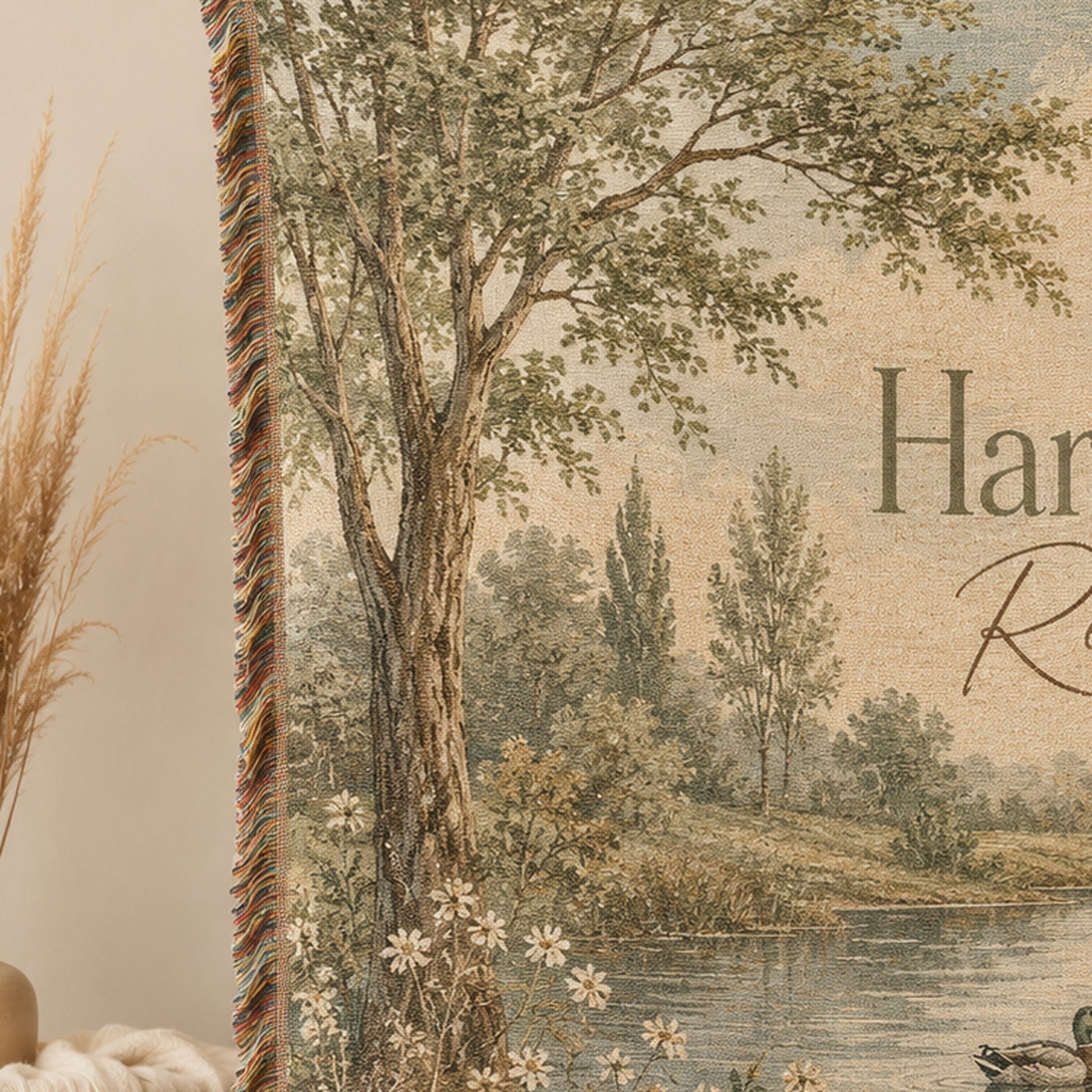 Close-up of woodland tree and vintage woven tapestry detail