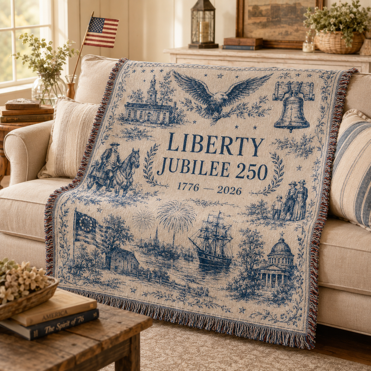 Liberty Jubilee 250 woven blanket styled on a cozy sofa