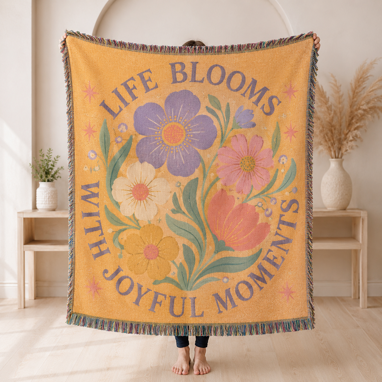 Life Blooms With Joyful Moments floral woven blanket with fringe