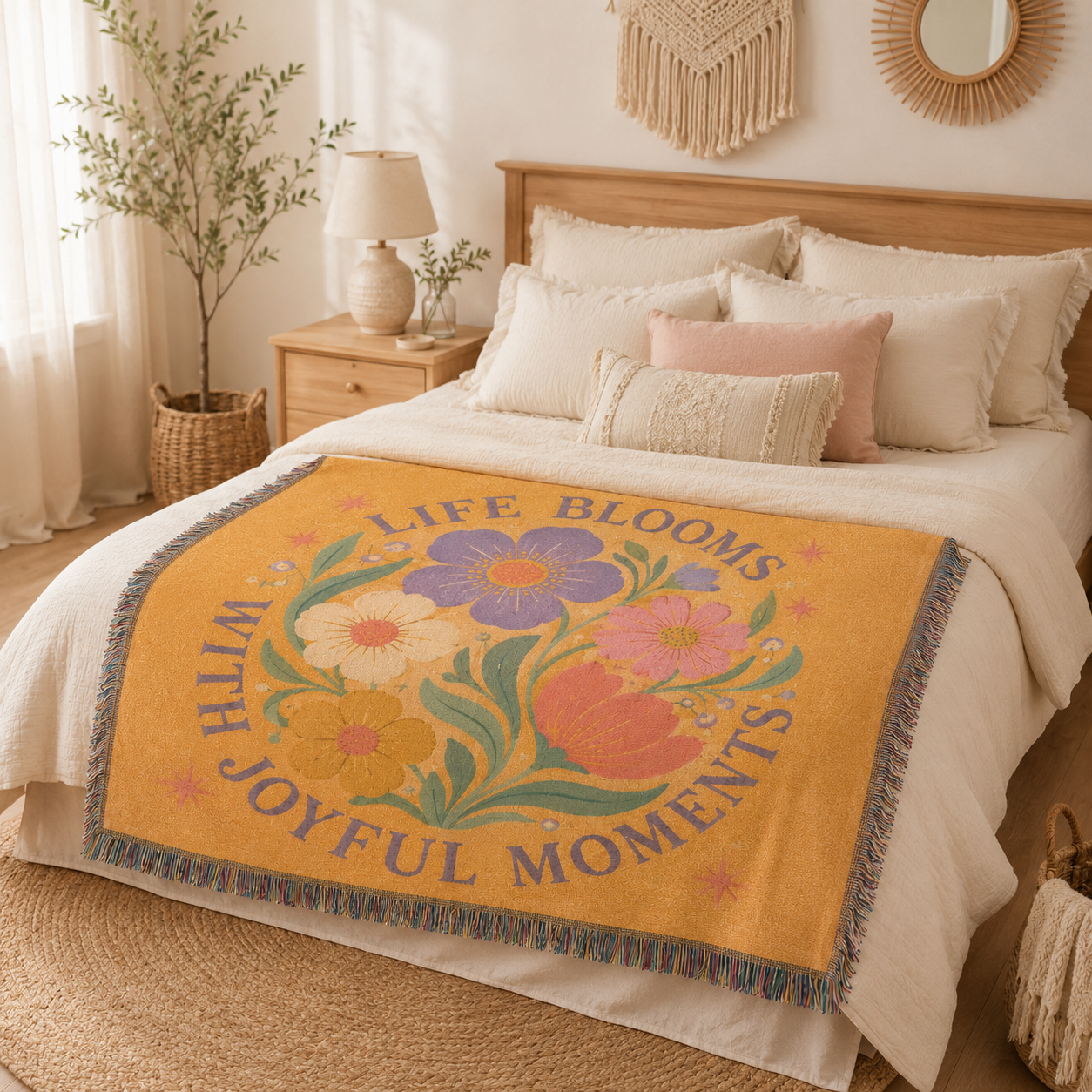 Life Blooms floral woven blanket displayed across a boho bed