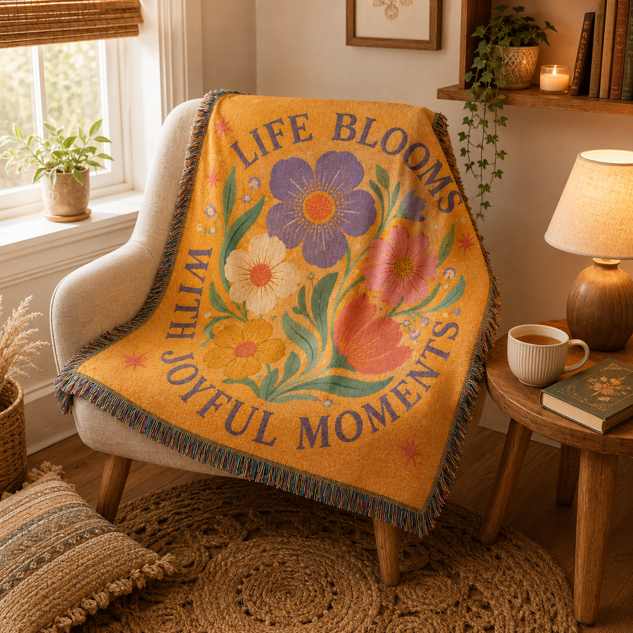 Joyful floral woven blanket draped over a reading chair
