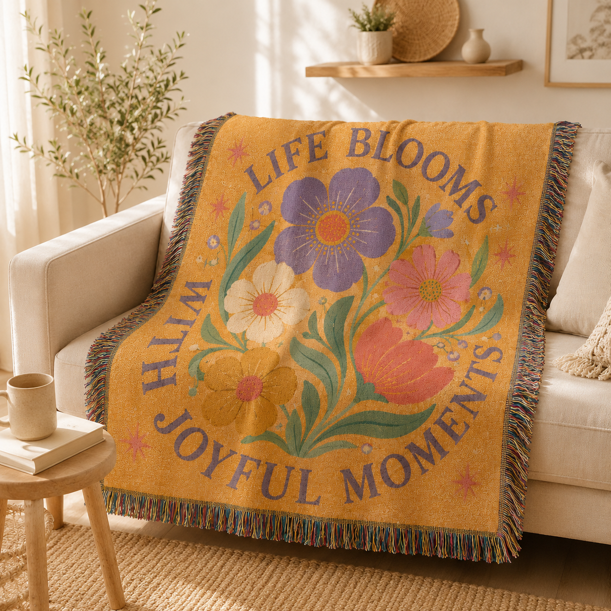 Retro floral woven blanket styled on a cream sofa