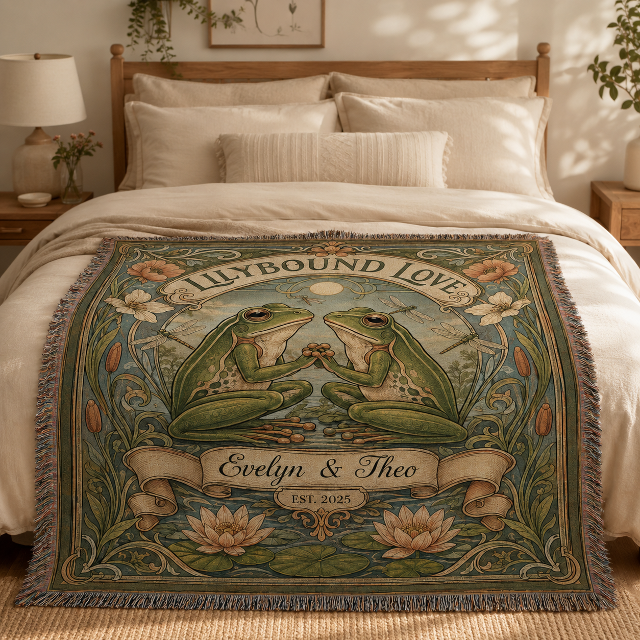 Personalized Lilybound Love frog tapestry blanket styled across a warm neutral bed