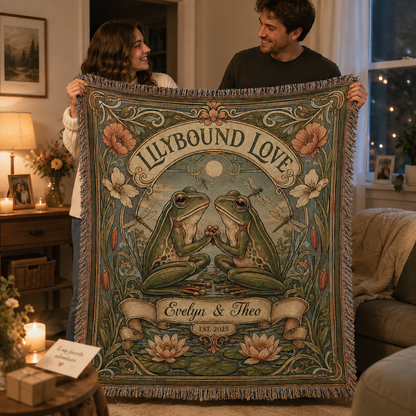 Couple holding a personalized Lilybound Love frog woven blanket as an anniversary gift