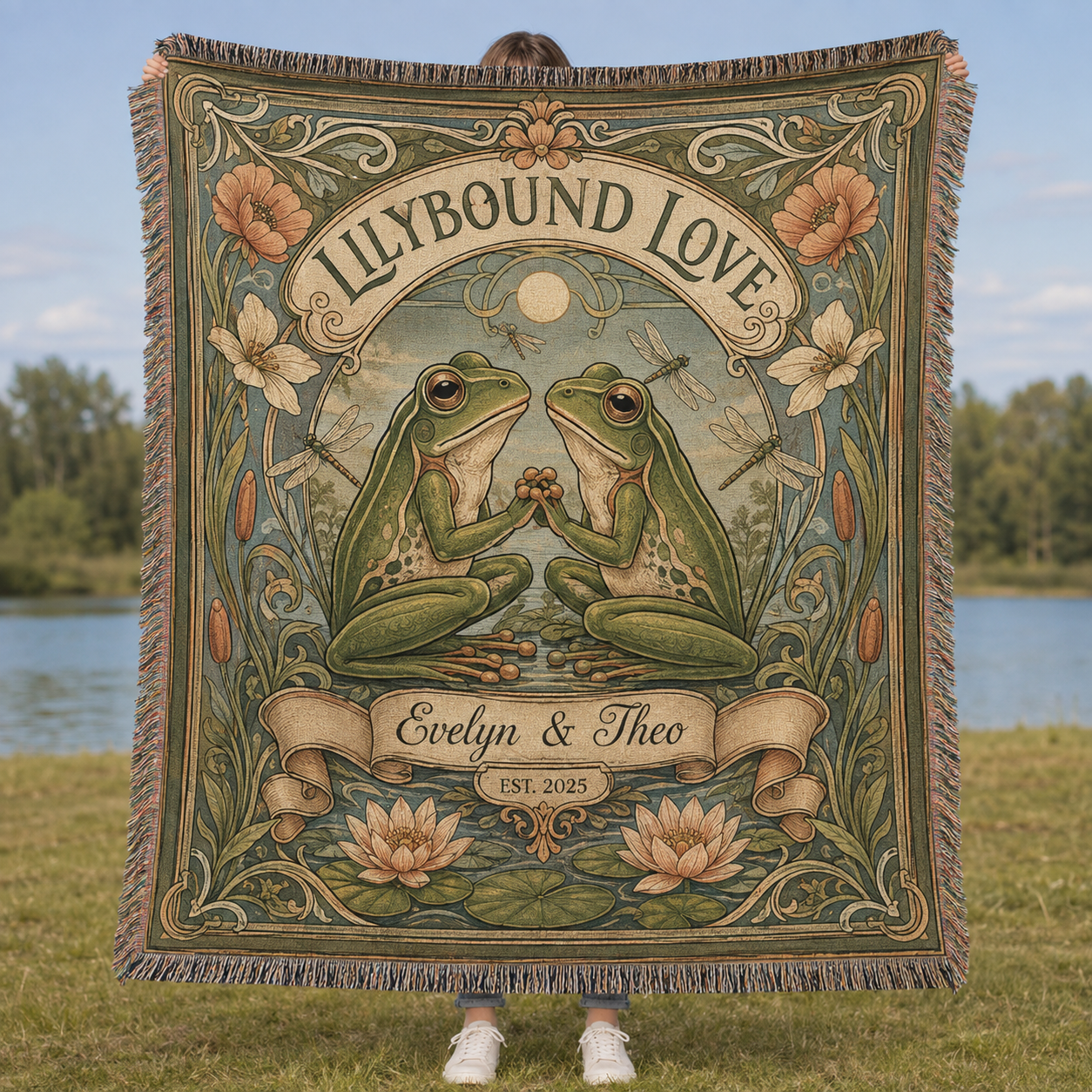 Personalized Lilybound Love frog woven blanket displayed outdoors by a lake