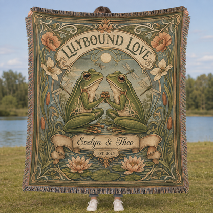 Personalized Lilybound Love frog woven blanket displayed outdoors by a lake