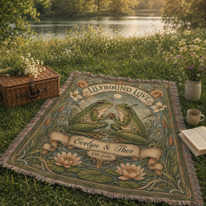 Personalized Lilybound Love frog tapestry blanket arranged for a lakeside picnic