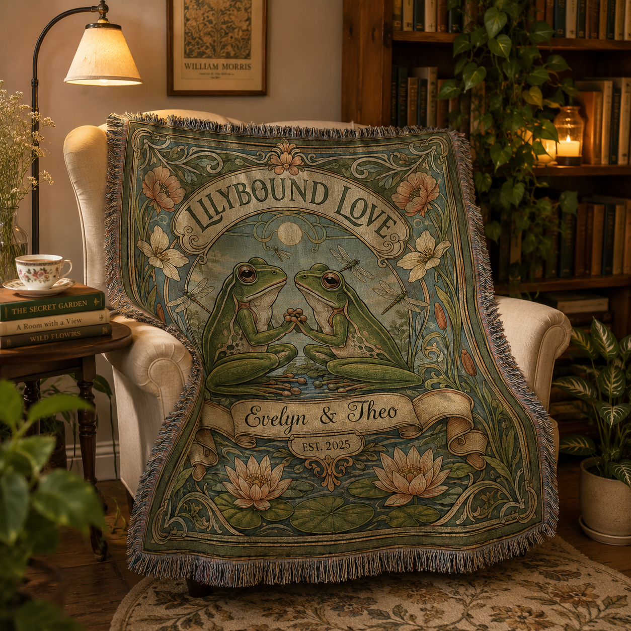 Personalized frog love woven blanket draped over a vintage reading chair