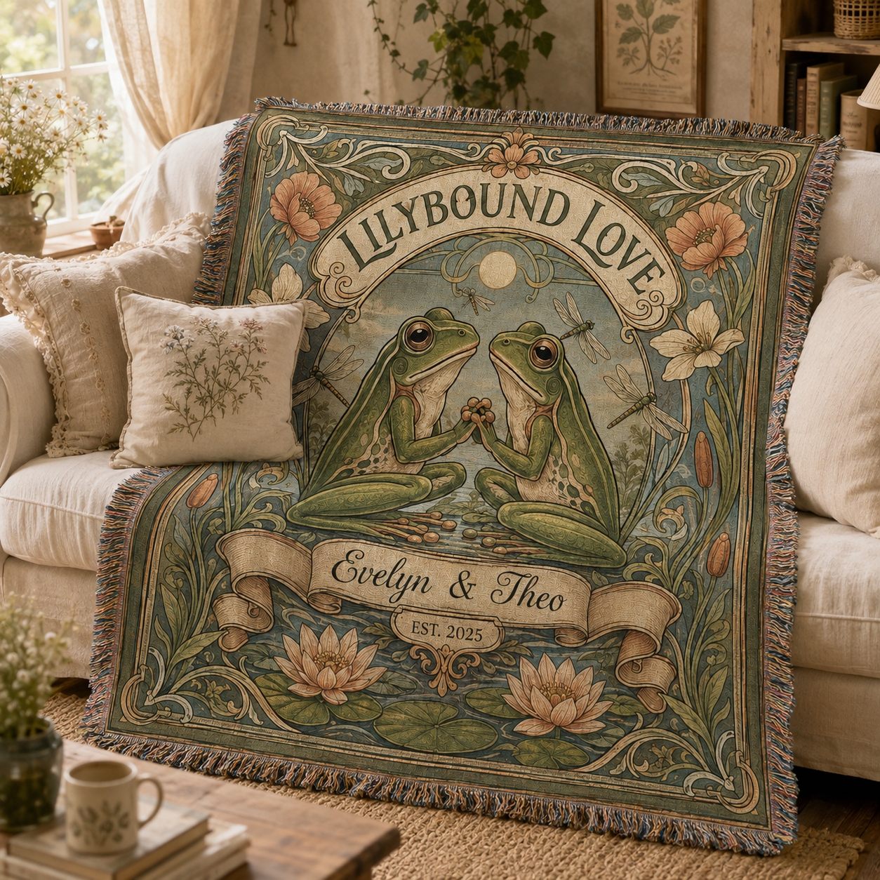 Personalized frog couple woven blanket styled on a cozy cottage sofa