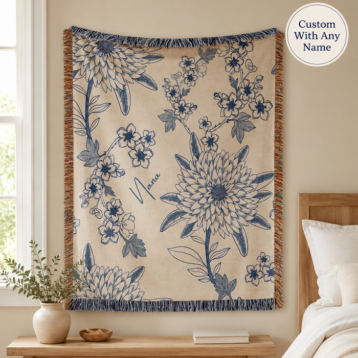 Blue floral woven blanket display
