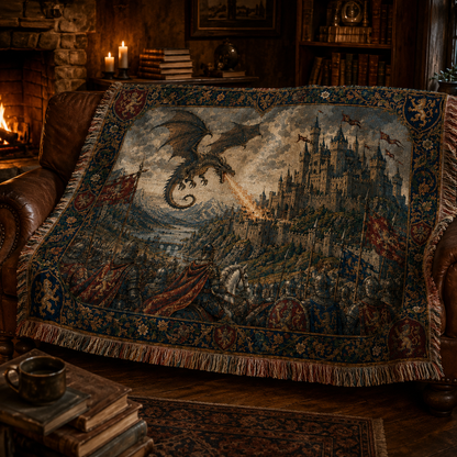 Dragon castle woven blanket draped in a cozy reading room