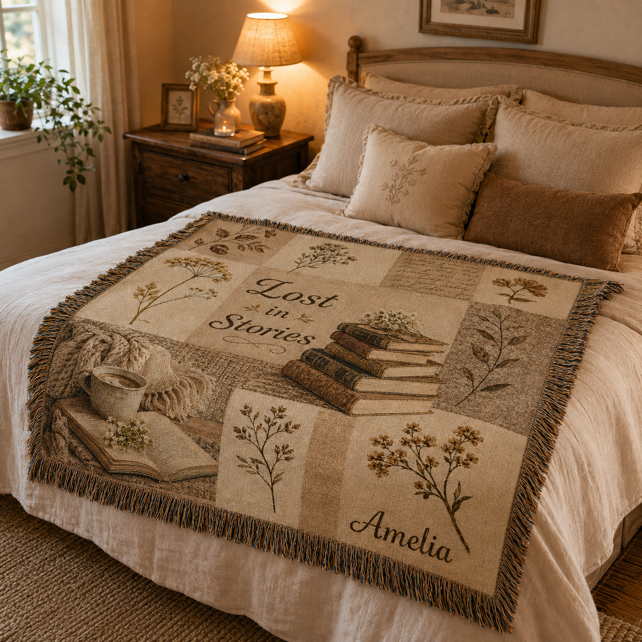 Personalized book lover woven blanket displayed across a warm vintage bedroom
