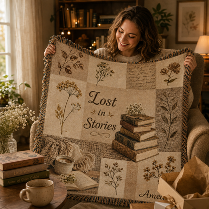 Book lover receiving a personalized Lost in Stories woven blanket gift