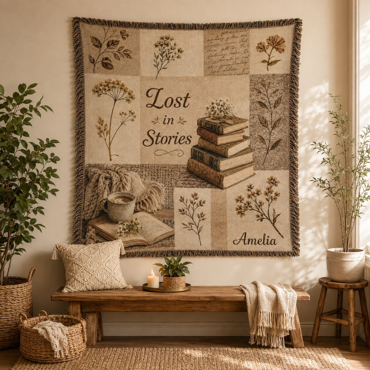 Lost in Stories botanical woven blanket styled on a neutral living room sofa