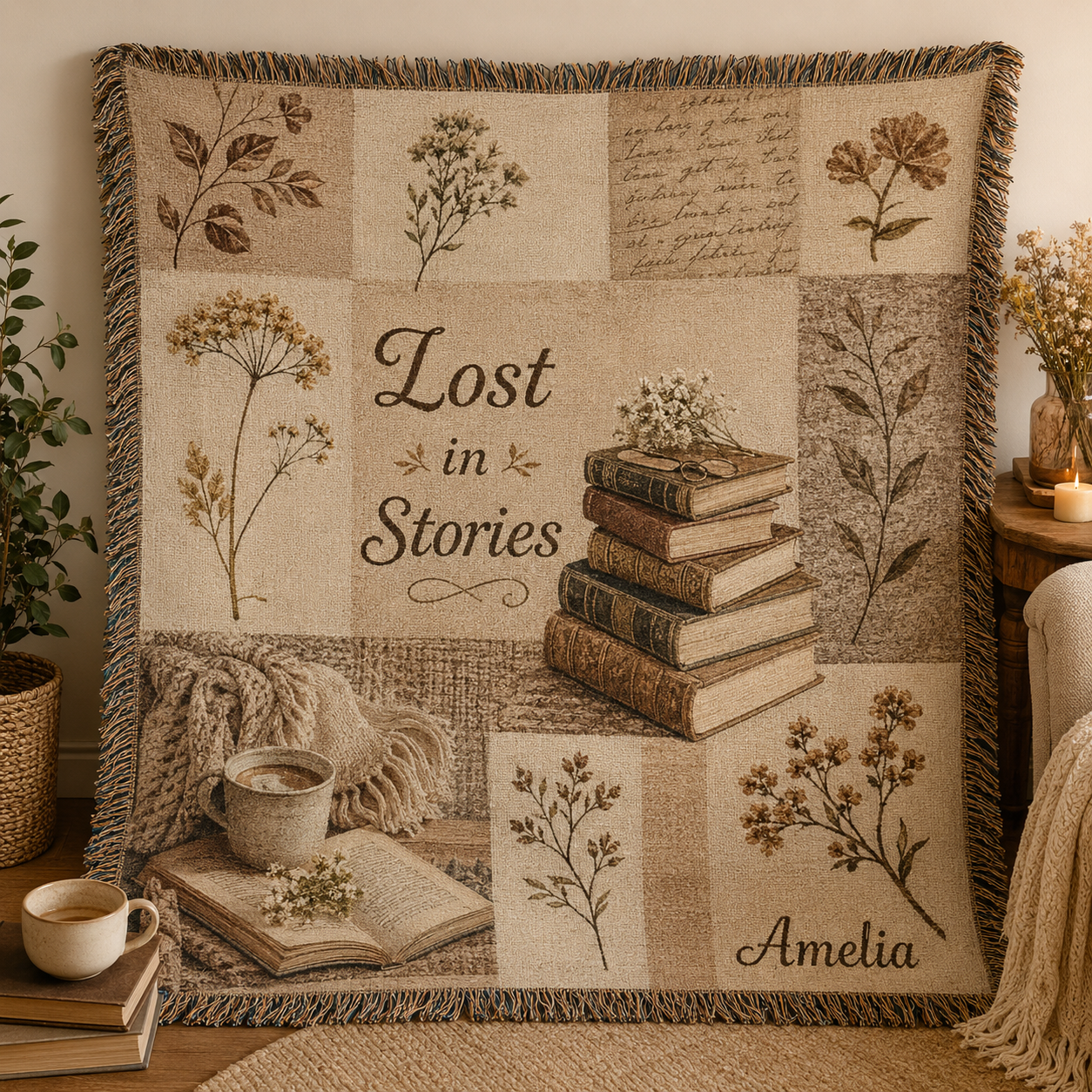Personalized Lost in Stories botanical book lover woven blanket with fringe