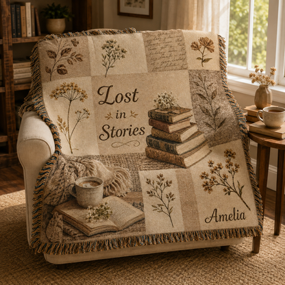 Lost in Stories personalized woven blanket styled on a cozy reading chair