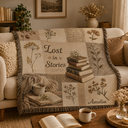 Personalized Lost in Stories woven tapestry displayed as botanical wall decor