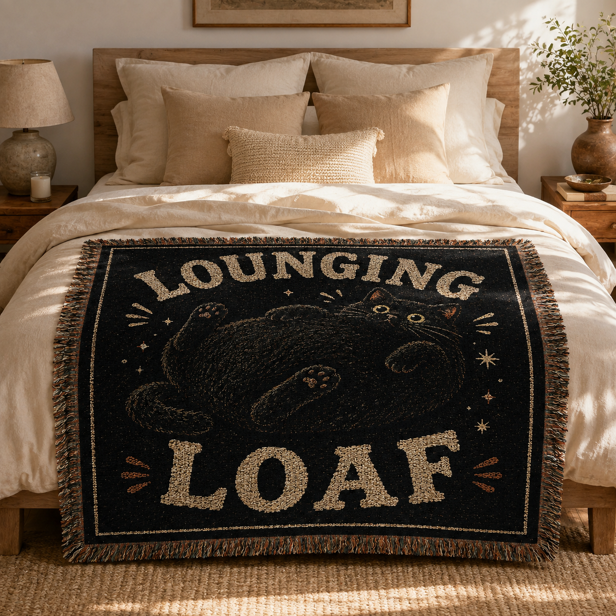 Lounging Loaf black cat woven blanket displayed on a warm neutral bed