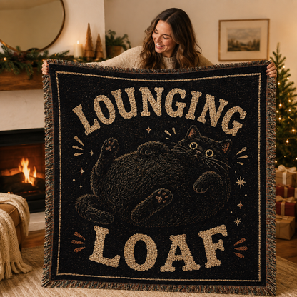 Woman holding a Lounging Loaf black cat woven blanket as a cozy gift