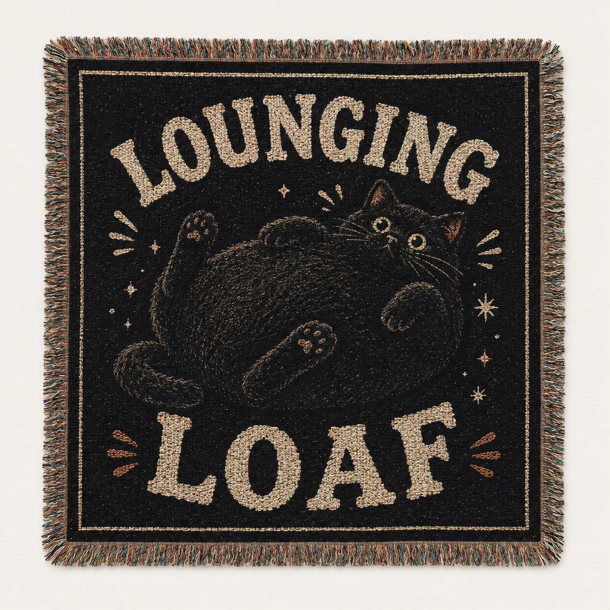 Lounging Loaf black cat woven blanket with vintage typography and fringe