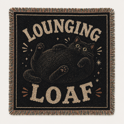 Lounging Loaf black cat woven blanket with vintage typography and fringe