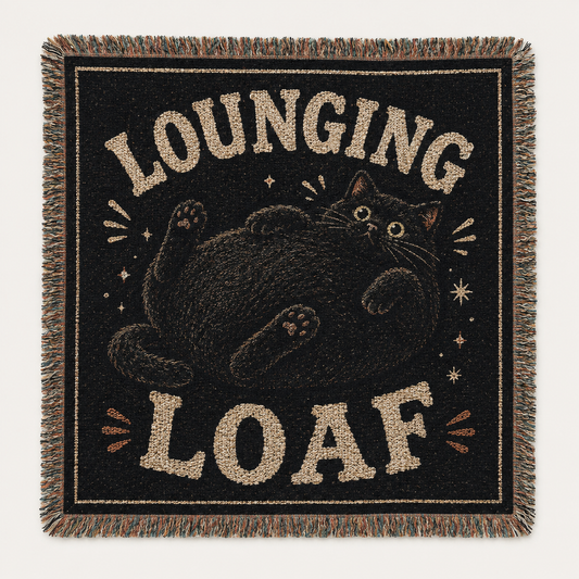 Lounging Loaf black cat woven blanket with vintage typography and fringe