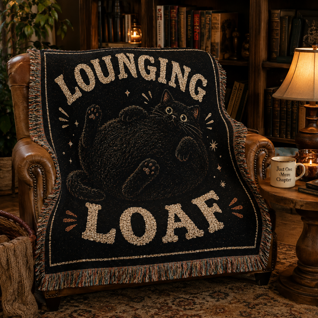 Lounging Loaf black cat woven blanket in a warm vintage reading nook
